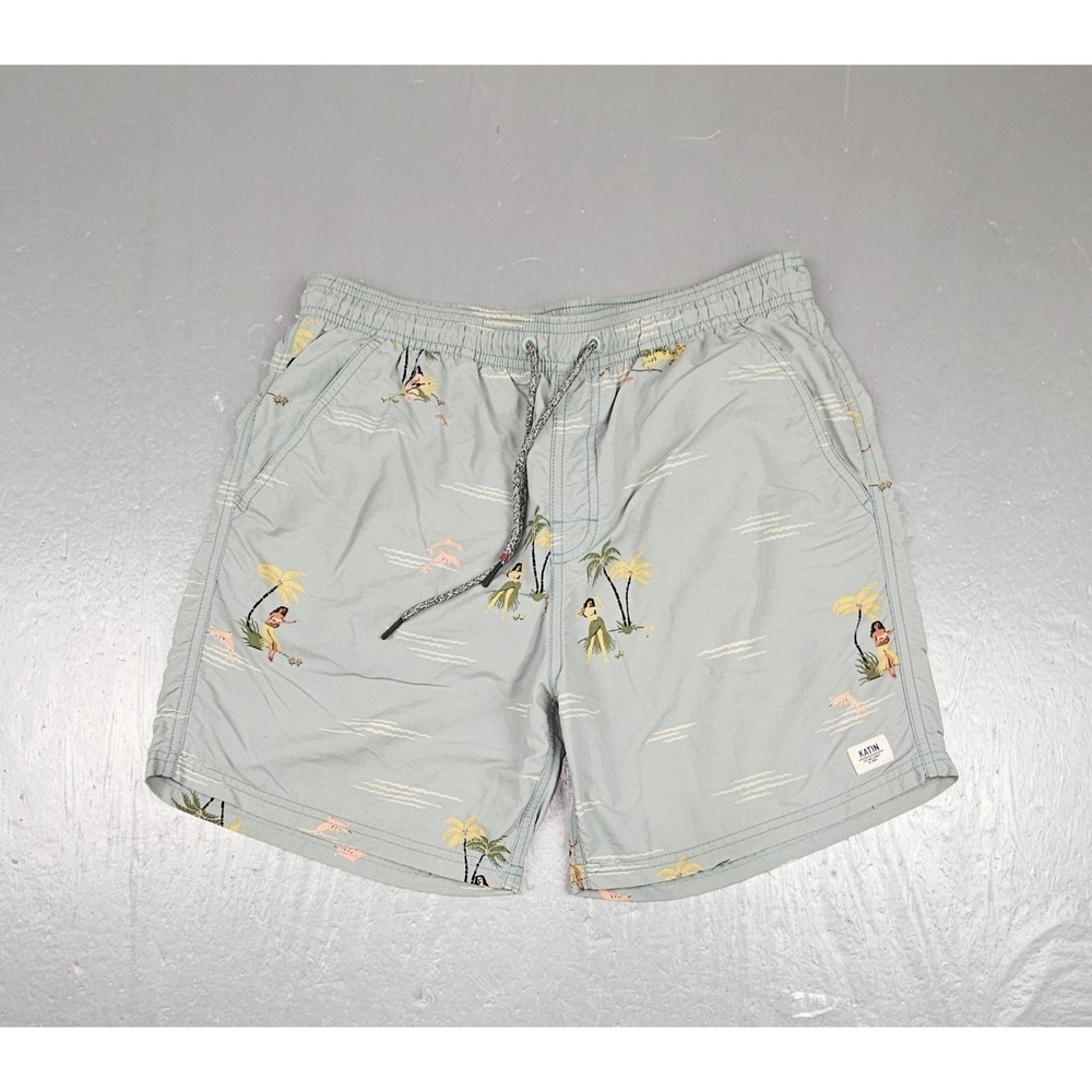 Katin Swim Trunks Mens M Green Hula Girl Mesh Lined Pocket Surf Beachwear Shorts